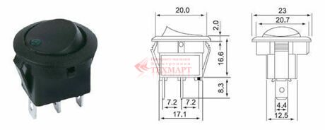 Выключатель клавишный круглый RWB-215 OFF-ON LED 20A/12V 3c желтый