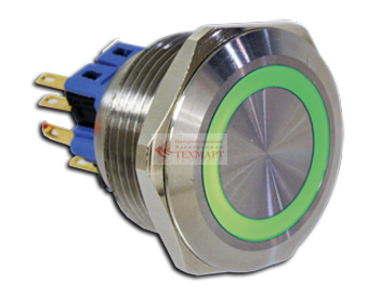 Кнопка антивандальная 25 мм ON-ON LED12V 5A/250V 6c IP67 с фиксацией зеленая