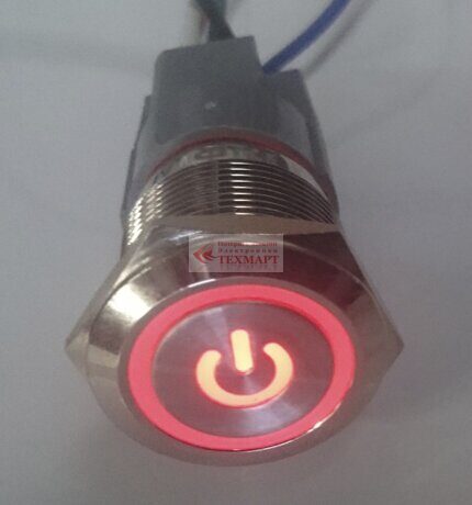 Кнопка антивандальная 19 мм ON-ON Power Logo LED12V 5A/250V 5c IP65 с фиксацией красная