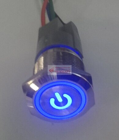 Кнопка антивандальная 19 мм ON-ON Power Logo LED12V 5A/250V 5c IP65 с фиксацией синяя