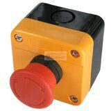 Кнопочный пост GB2-J174, NC-NO с возвратно-поворотным толкателем - аварийная остановка электрооборудования, IP40/IP65, 10 А, 68х68 мм, открытой установки, черный/оранжевый, кнопка красная