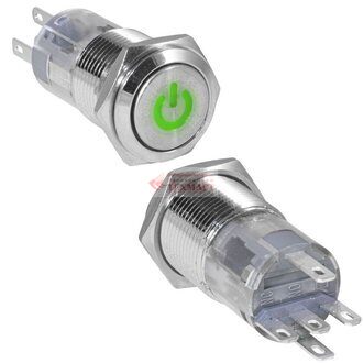 Кнопка антивандальная 16 мм ON-ON Power Logo comp LED12V 3A/250V 5c IP65 с фиксацией зеленая