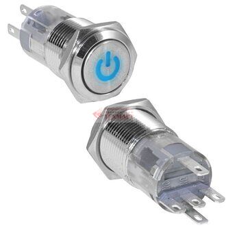 Кнопка антивандальная 16 мм ON-ON Power Logo comp LED12V 3A/250V 5c IP65 с фиксацией синяя